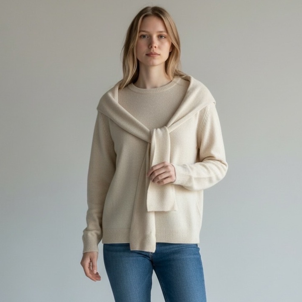 Halogen Attached Over The Shoulder Crewneck Sweater Birch HA552067MI Women M